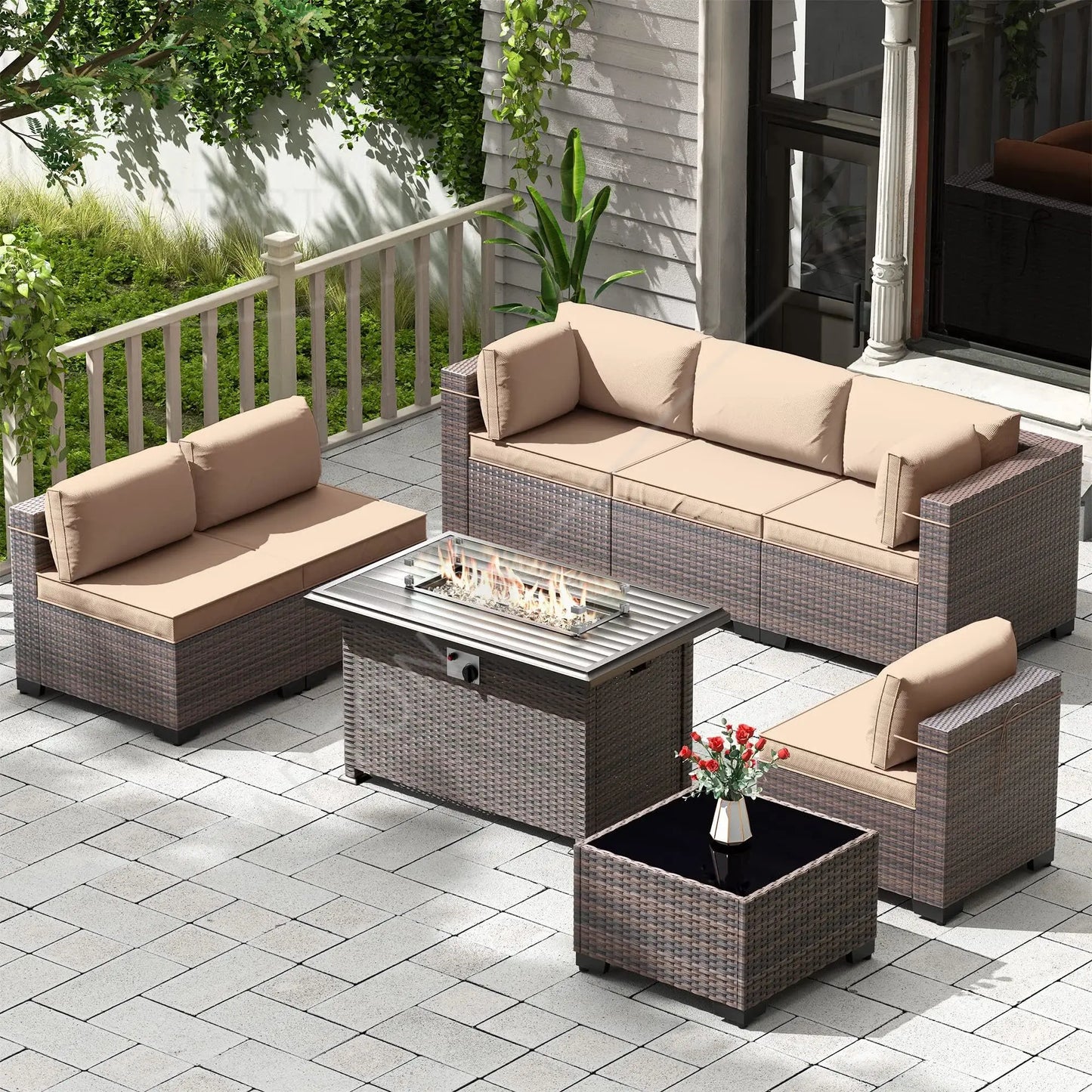 Modern Patio Rattan Sofa Set PE Wicker Sectional Sofa Set High Quality Rattan Outdoor Furniture Set with Fire Pit