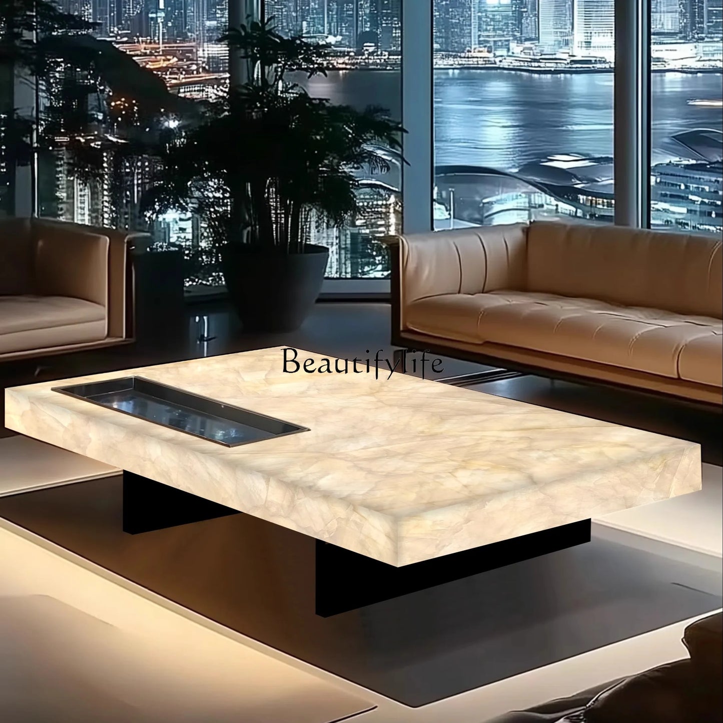 **Rectangle living room coffee table luminous jade luxury stone villa marble natural high-grade light luxury minimalist mansion