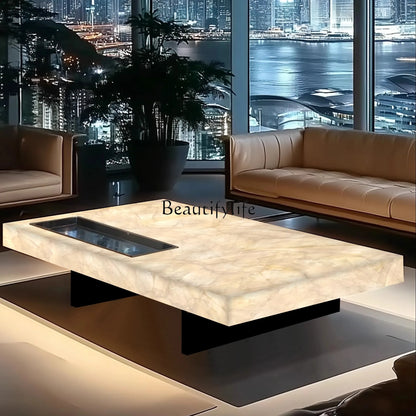 **Rectangle living room coffee table luminous jade luxury stone villa marble natural high-grade light luxury minimalist mansion