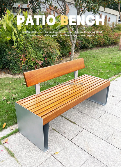 Banc urbain en métal au design moderne, mobilier de rue en bois pour parcs et lieux pour utilisation sur patio
