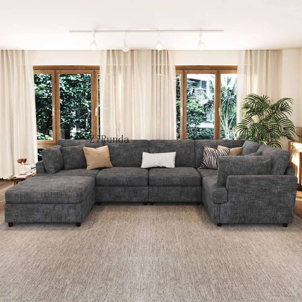 127 inch U-shaped segmented sofa with movable Ottoman style, 6-piece set of chenille fabric sofa