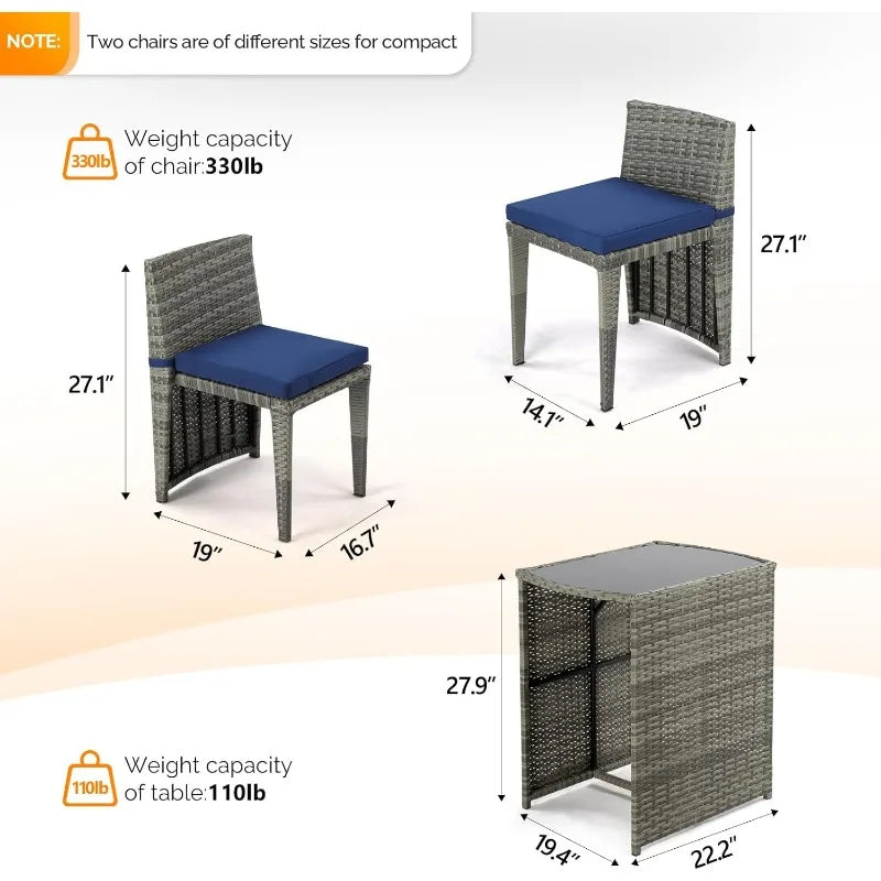 3 PCS Wicker Outdoor Patio Bistro Set, Patio Furniture Set for Small Space with Glass Top Table Dining Chairs, Balcony Fu