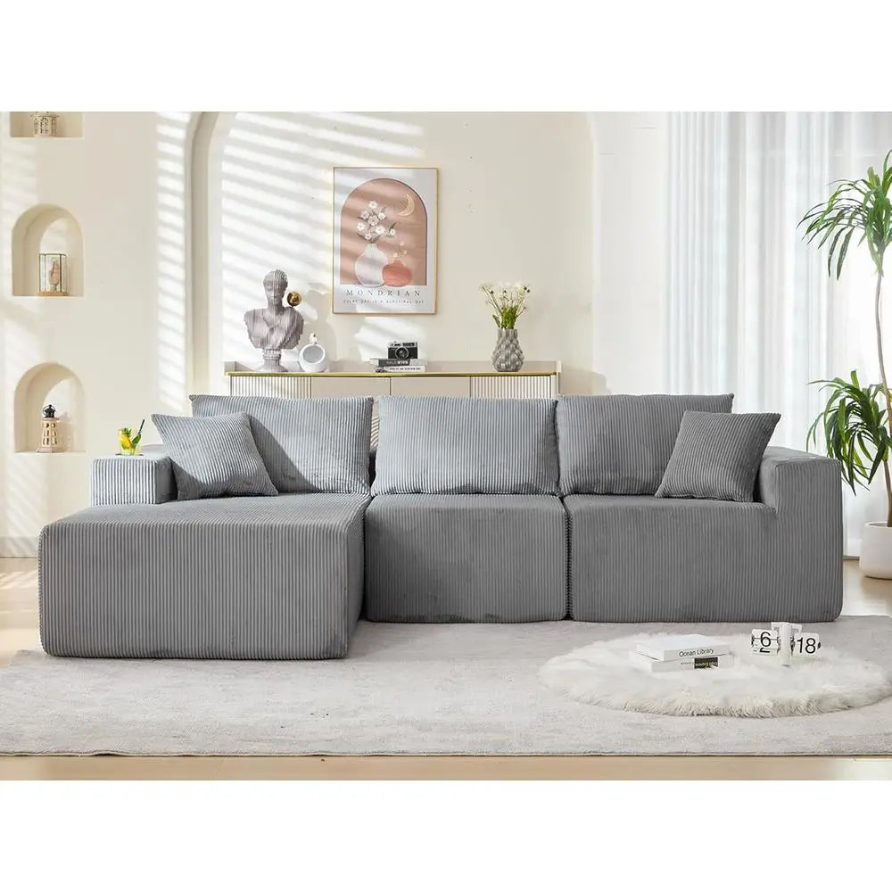 107" Cloud Sectional Couch, Modular Sectional Sofa with L-Shape Chaise, Corduroy Boneless Couch with Deep Seat, Upholstered Sofa