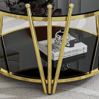 Round Gold Glass Coffee Table 31.5" Black Tempering Glass Living Room Table Modern Luxury Crown Design Stainless Steel Leg, Sofa