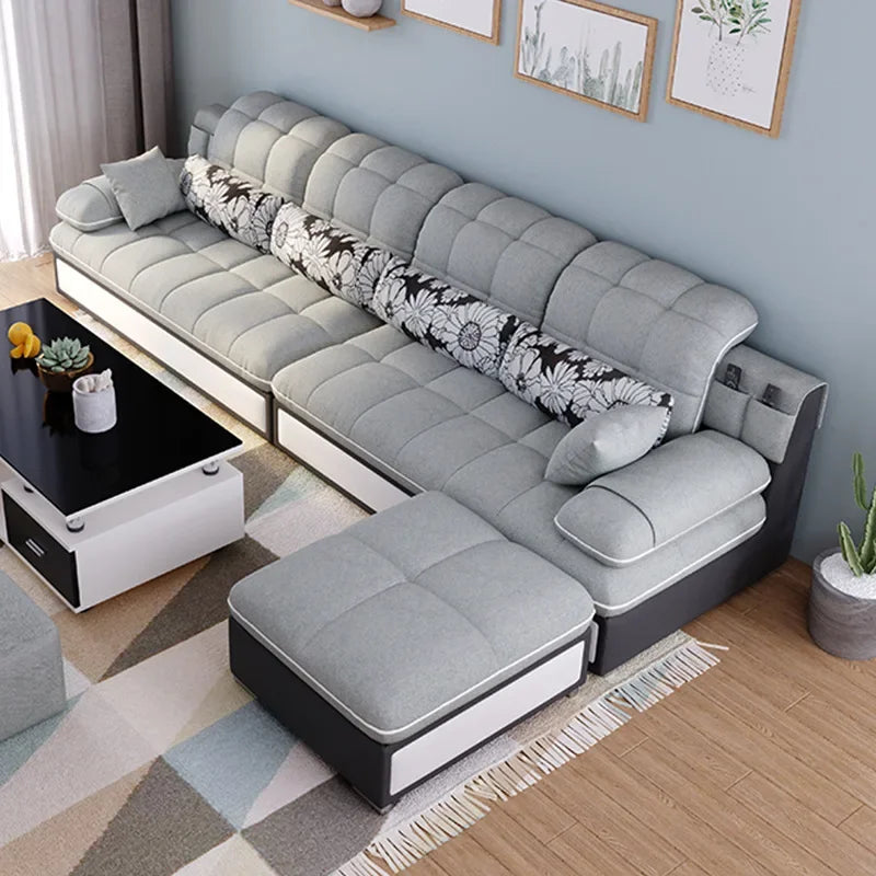 Nordic Modern Sky Blue L-Shaped Corner Sofa Soft Three Seater Loveseat and Bunk Bed Couch Set for Living Room