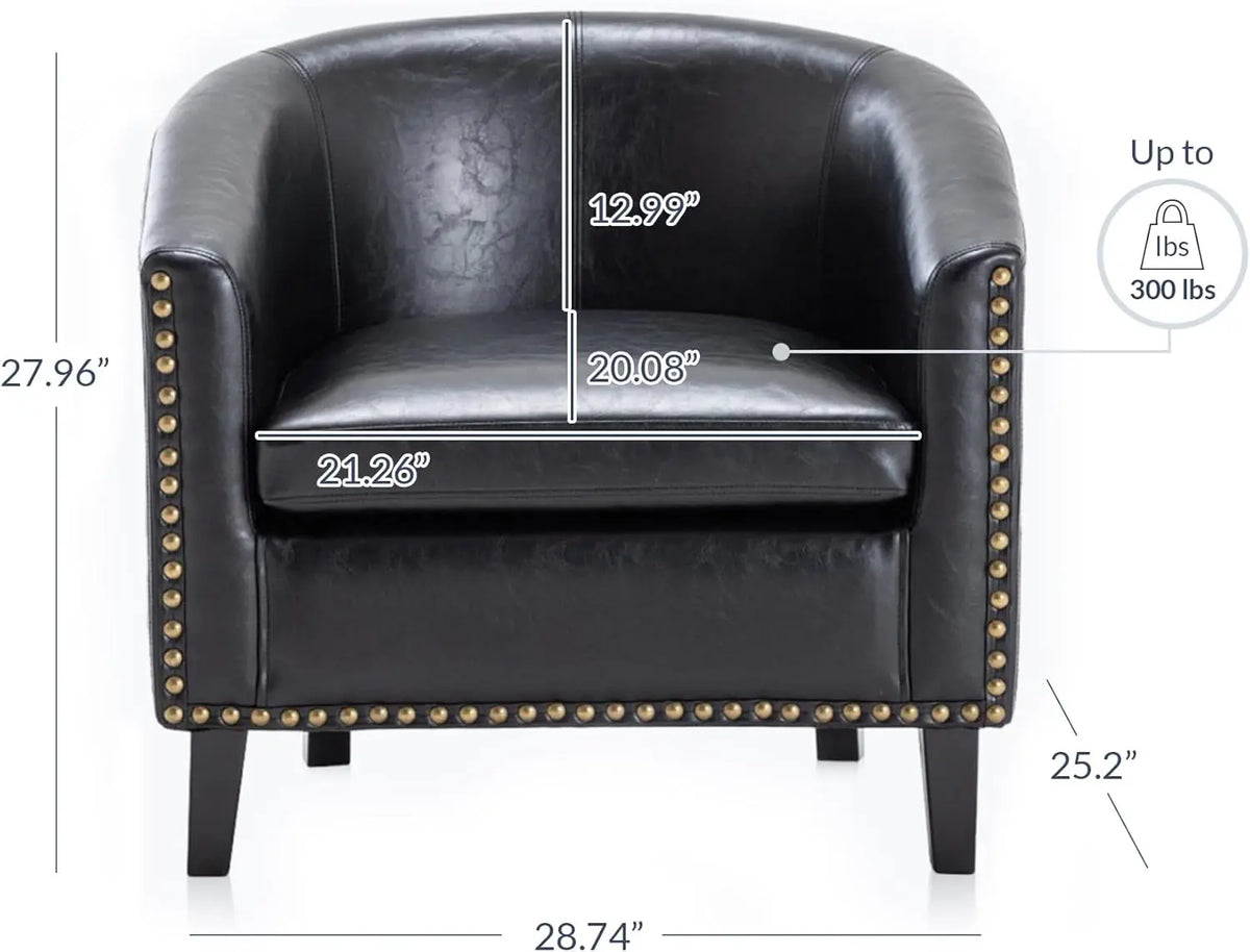 Modern Faux Leather Tub Club Chair, Upholstered Armchair with Gold Nailhead Accents and Black Legs