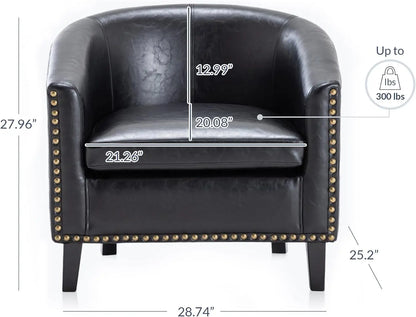 Modern Faux Leather Tub Club Chair, Upholstered Armchair with Gold Nailhead Accents and Black Legs
