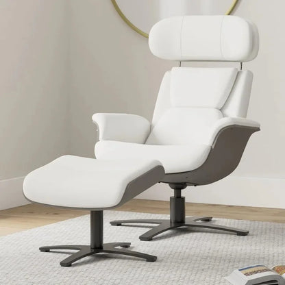 Reclining Swivel Chair with Adjustable Headrest and Ottoman in White, Made with 100% Top Grain Leather for Living Room Use