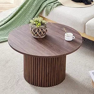 Round Coffee Table, Modern Black Side Table End Table for Living Room, Wood Circle Drum Coffee Table with Handcrafted Relief, Co