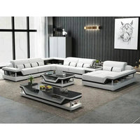 Minimalist Leather Sectional Sofa Set with Storage, Glass Coffee Table & TV Stand for Living Room