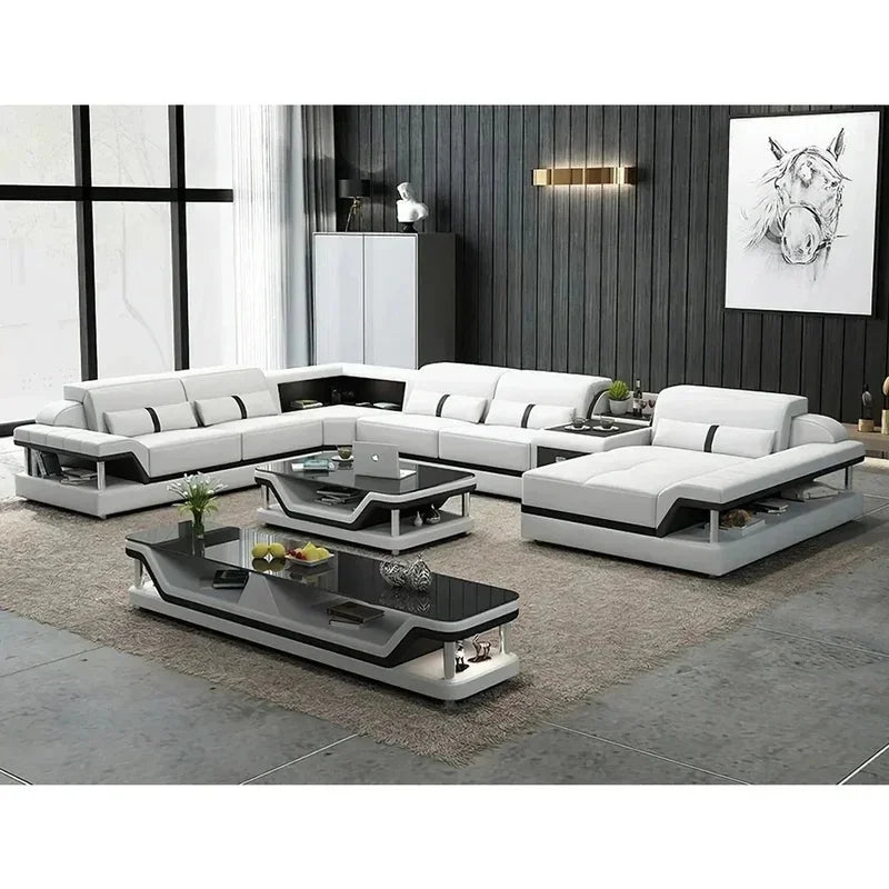 Minimalist Leather Sectional Sofa Set with Storage, Glass Coffee Table & TV Stand for Living Room