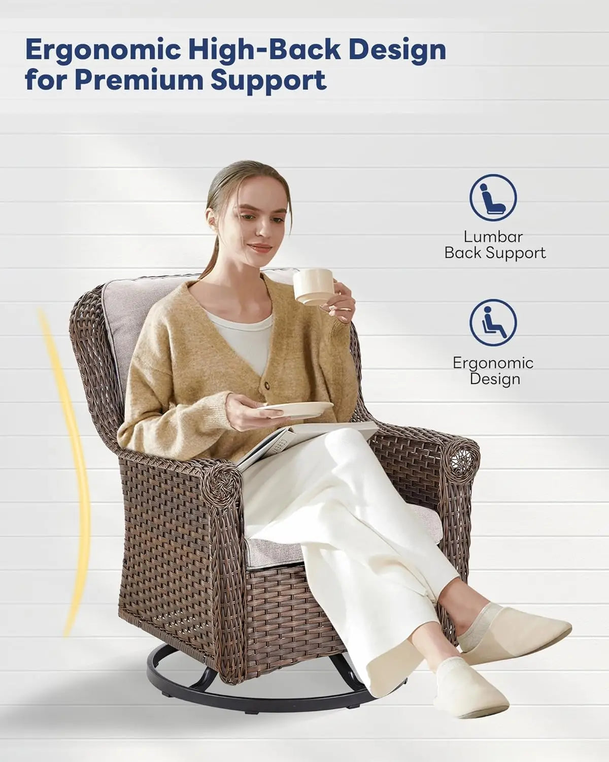 Patio Swivel Chairs Set of 2-High Back Swivel Rocker Outdoor Chair Patio Chair for Deck Porch Lawn Garden Backyard-Brown/Beige