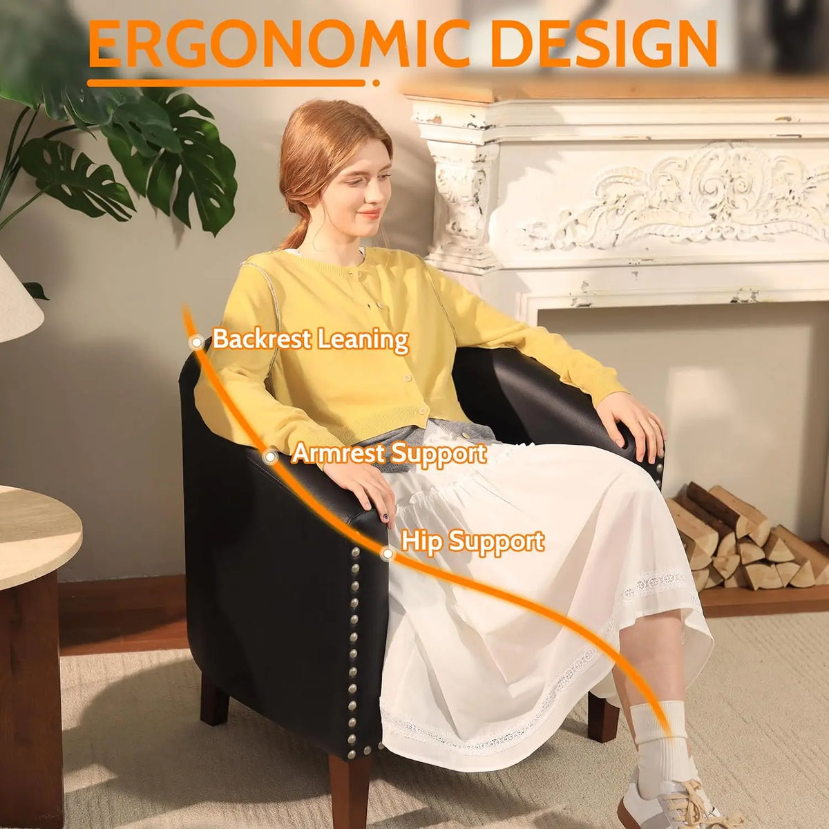 Barrel Chair Set of 2, Comfy Accent Chair, Faux Leather Living Room Chairs Club Chair with Cushion, Nailhead Trim, Black