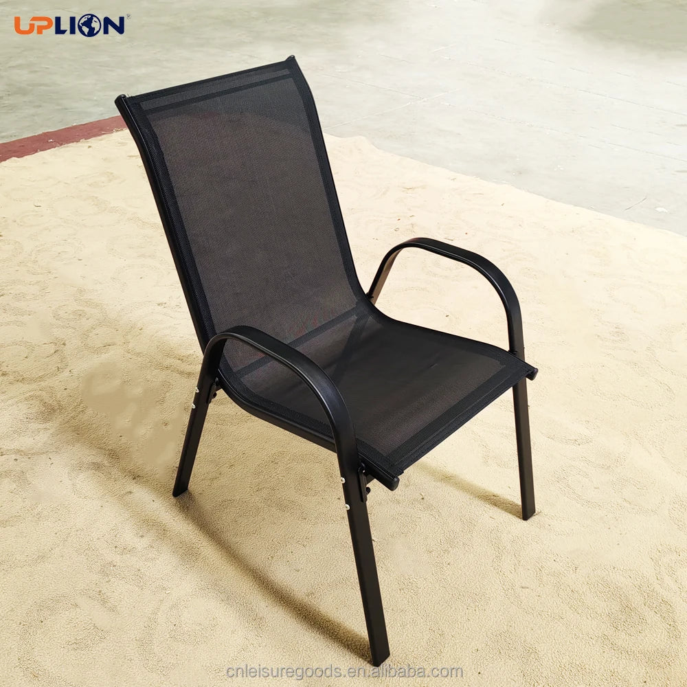 Patio Metal Dining Stacking Garden Chair With Arm Comfort Flex Material Popular Black Outdoor Metal Stacking Chair