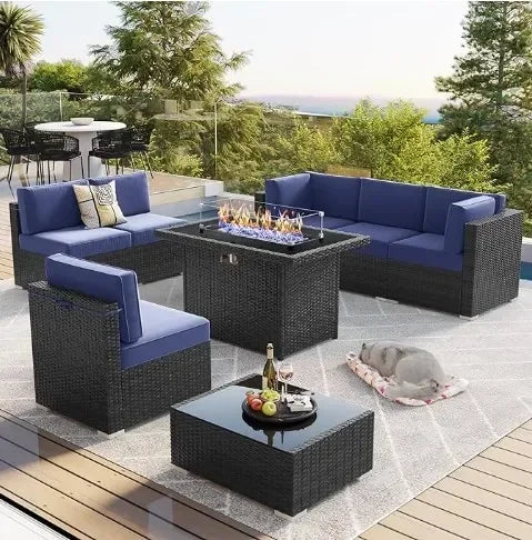 Furniture Set with 44" Propane Gas Fire Pit Table, Outdoor Sectional Conversation Set Wicker Rattan Sofa Set with Coffee Table