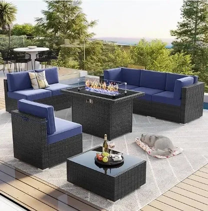 Furniture Set with 44" Propane Gas Fire Pit Table, Outdoor Sectional Conversation Set Wicker Rattan Sofa Set with Coffee Table