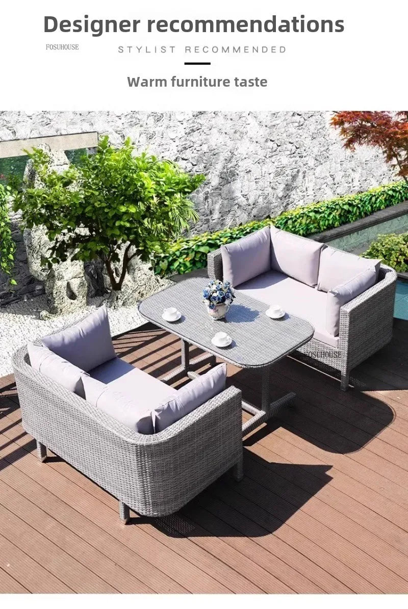 European Outdoor Garden Sofas Leisure PE Rattan Garden Terrace Sofa Chair Set Courtyard Balcony Double Sofa Outdoor Furniture AA