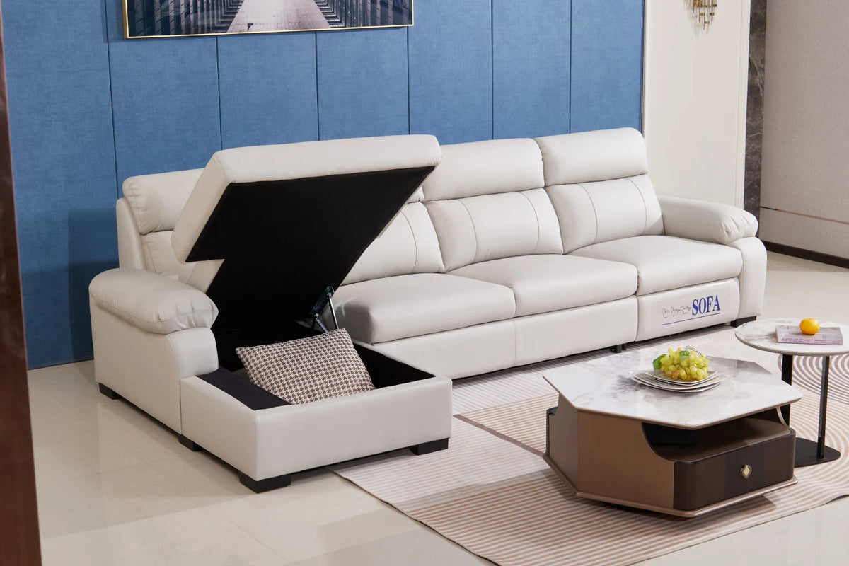 Modern Multi-functional l Shape White Leather Leather Sectional  Foldable Storage and Electric Recliner for Living Room Sofas