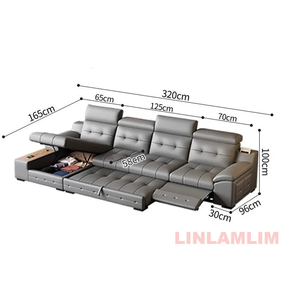 Electric Reclining Sectional Sofa Bed with Cup Holder & Adjustable Headrests – Italian Genuine Leather Convertible Sleeper Couch