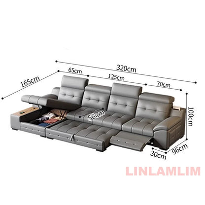 Electric Reclining Sectional Sofa Bed with Cup Holder & Adjustable Headrests – Italian Genuine Leather Convertible Sleeper Couch