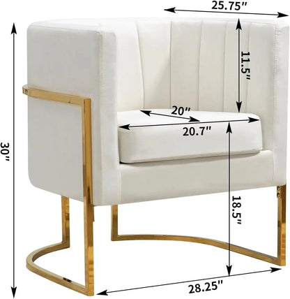 Modern Velvet Accent Chair with Gold Metal Legs, Upholstered Barrel Armchair for Living Room or Bedroom, White