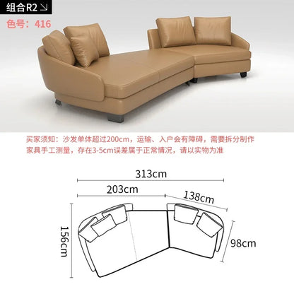Designer Curved Leather Sofa Italian Cowhide Light Luxury Brands High-End