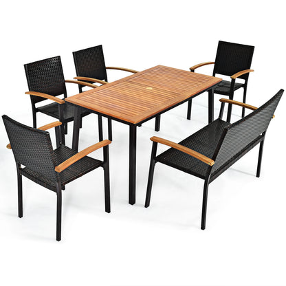 6 PCS Patio Rattan Dining Set Acacia Wood Table Stackable Chair Bench