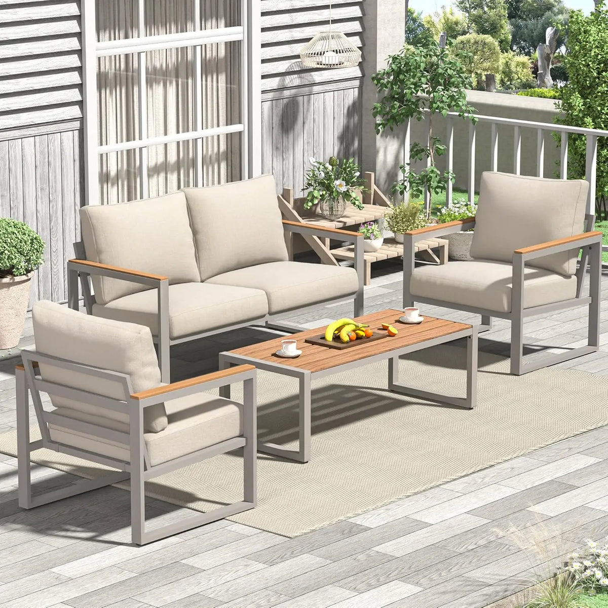 Patio Furniture Set, 4 Pieces Outdoor Patio Furniture with Coffee Table Set,Metal Patio Conversation Sets with Washable and High