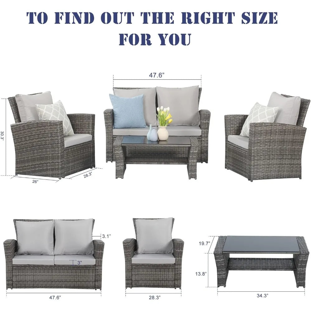 Outdoor Patio Furniture Set, 4-Piece Wicker Conversation Set with Gray Rattan Sofa Chairs and Cushions for Porch or Deck