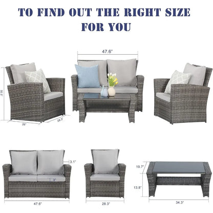 Outdoor Patio Furniture Set, 4-Piece Wicker Conversation Set with Gray Rattan Sofa Chairs and Cushions for Porch or Deck