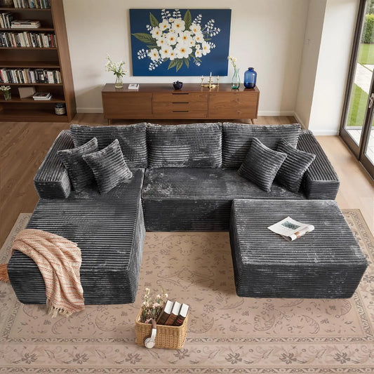 Modern Minimalist Sectional Sofa: L-Shape Cloud Couch with Deep Seats Right Chaise - Black