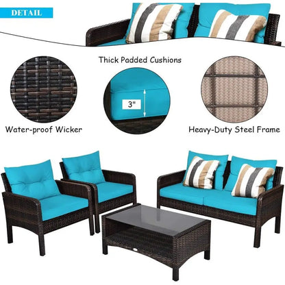 4-Piece Outdoor Wicker Patio Furniture Set with Coffee Table, Cushioned Sectional Sofa, Ideal for Garden and Poolside