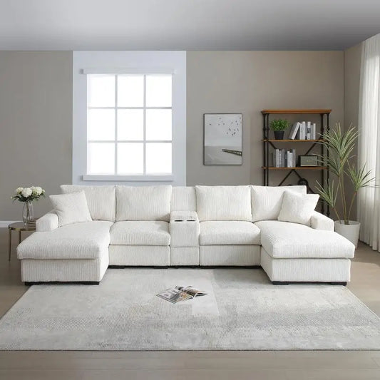 Oversized U-Shaped Cloud Sectional Sofa for Living Room, 126" Comfy Couch with Console & Cup Holder, Double Chaise in Beige