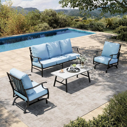 4 Piece Patio Furniture Set, 2 x Swivel Cushioned Chair, 3-Seat Sofa with Marbling Coffee Table, All Weather Outdoo