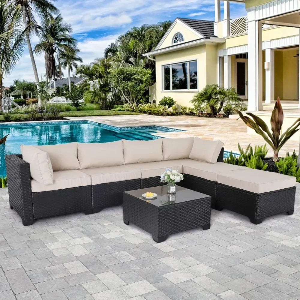 7 Pieces Outdoor PE Wicker Furniture Set Patio Rattan Sectional Conversation Sofa Set With Khaki Cushions And Glass Top Table