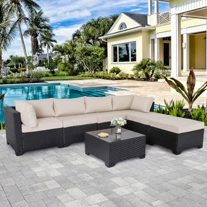 7 Pieces Outdoor PE Wicker Furniture Set Patio Rattan Sectional Conversation Sofa Set With Khaki Cushions And Glass Top Table