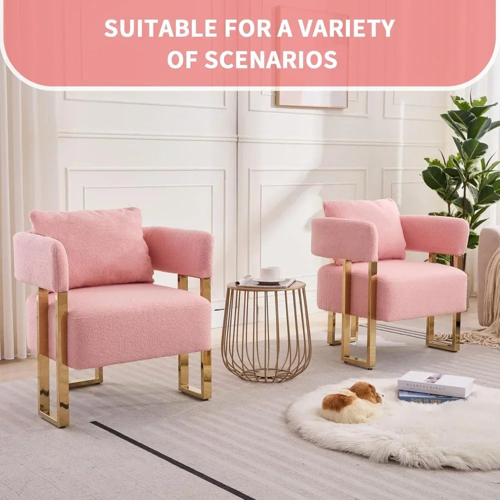 Set of 2 Modern Barrel Chairs: Upholstered Armchairs with Gold Metal Legs & Soft Teddy Fabric - Living Room Accent Chairs