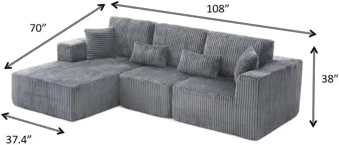 108" L-Shaped Cloud Couch for Living Room, Comfy Fluffy Memory Foam Deep Seat Modular Sectional Sofa with Left Chaise, Dark Grey