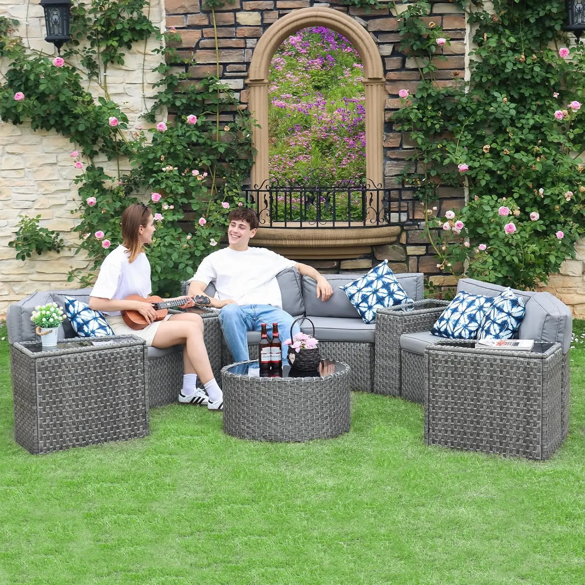 Half Moon 11PC Curved Wicker Patio Sofa Set w/Coffee Table, Gray, Customized
