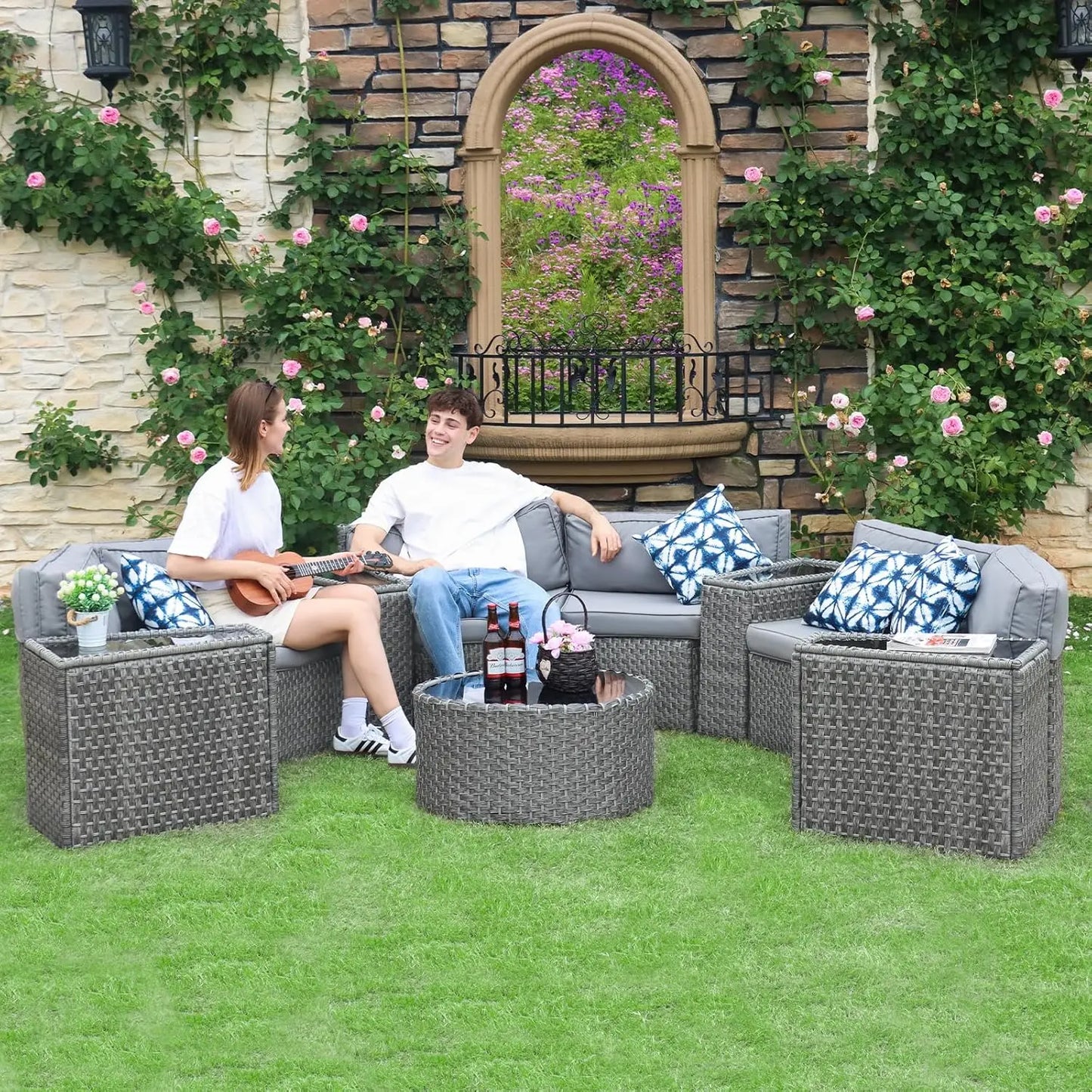 Half Moon 11PC Curved Wicker Patio Sofa Set w/Coffee Table, Gray, Customized