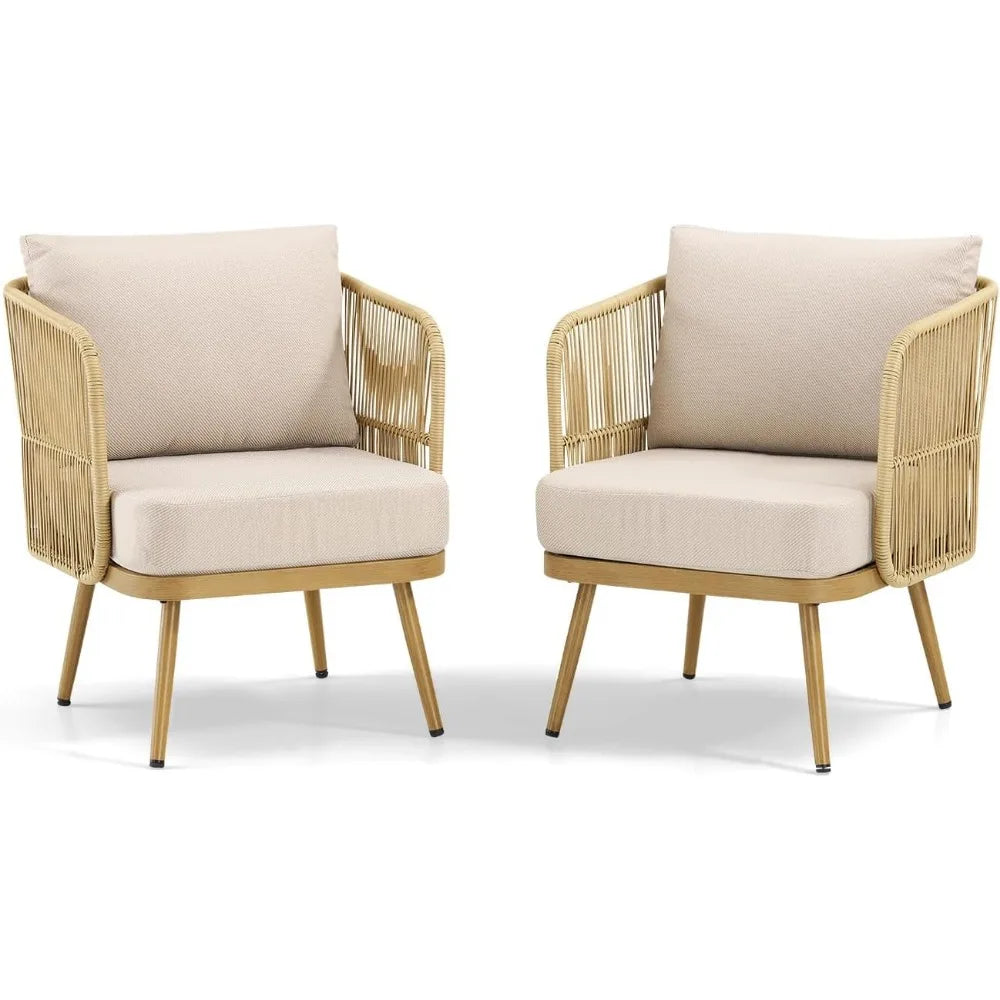 Outdoor Wicker Patio Chairs Set of 2, Rattan Barrel Chairs Patio Furniture Sets with 4“ Hight Desity Cushion, 2 Pieces Bistro