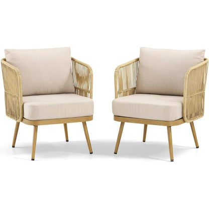 Outdoor Wicker Patio Chairs Set of 2, Rattan Barrel Chairs Patio Furniture Sets with 4“ Hight Desity Cushion, 2 Pieces Bistro