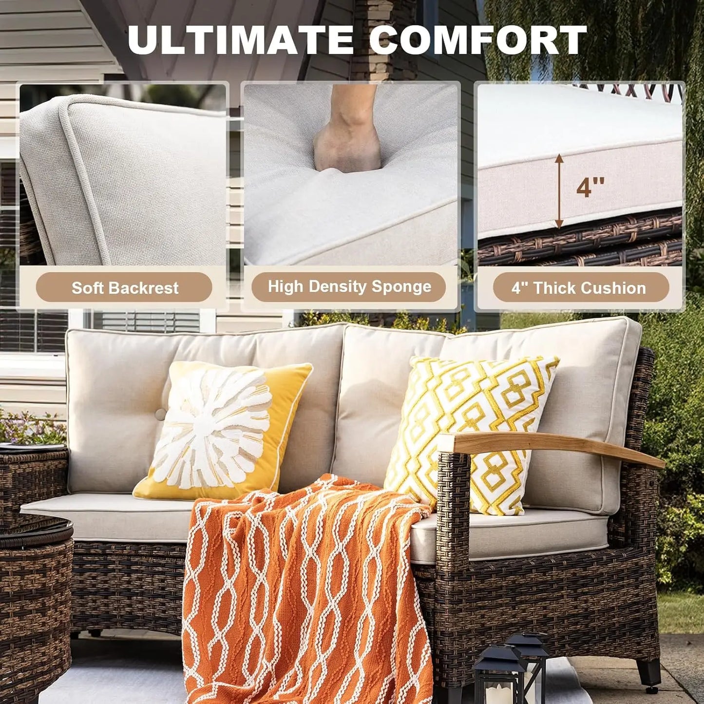 Multi-piece Outdoor Patio Furniture Sets, Half Moon Curving Part of The Sofa Rattan Patio Conversation Sets