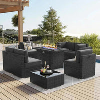 PatioLix 8 Piece Patio Furniture with 44"Propane Gas Fire Pit Table. Outdoor Sectional Conversation Set Wicker Rattan Sofa