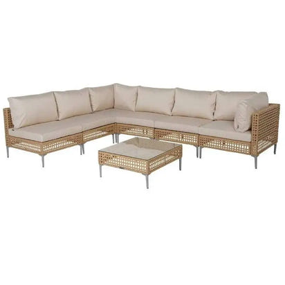 7pcs Wicker Patio Furniture Set, Boho Outdoor Conversation Set Sectional Sofa With Thick Cushions And Coffee Table