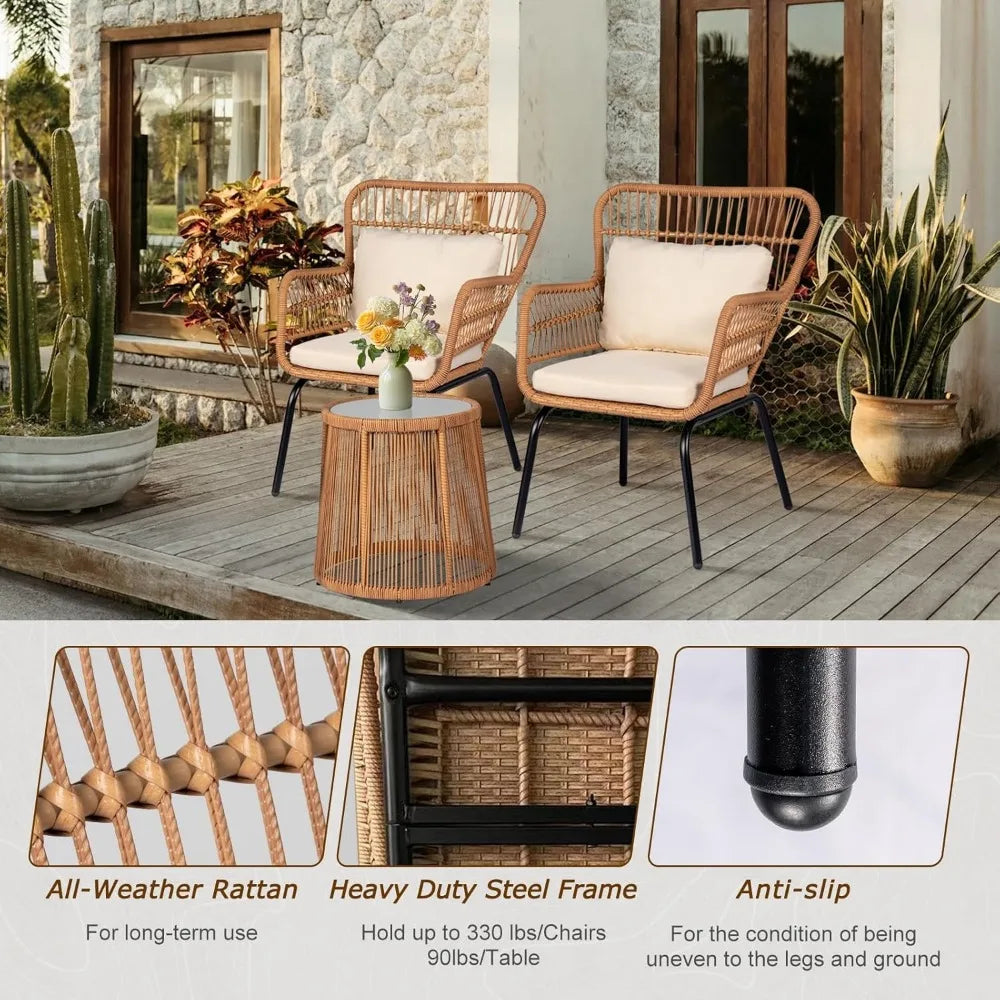 3 Piece Outdoor Wicker Bistro Set, Patio Conversation Sets w/2 Large Rattan Chairs and Tempered Glass Table, Patio Furniture