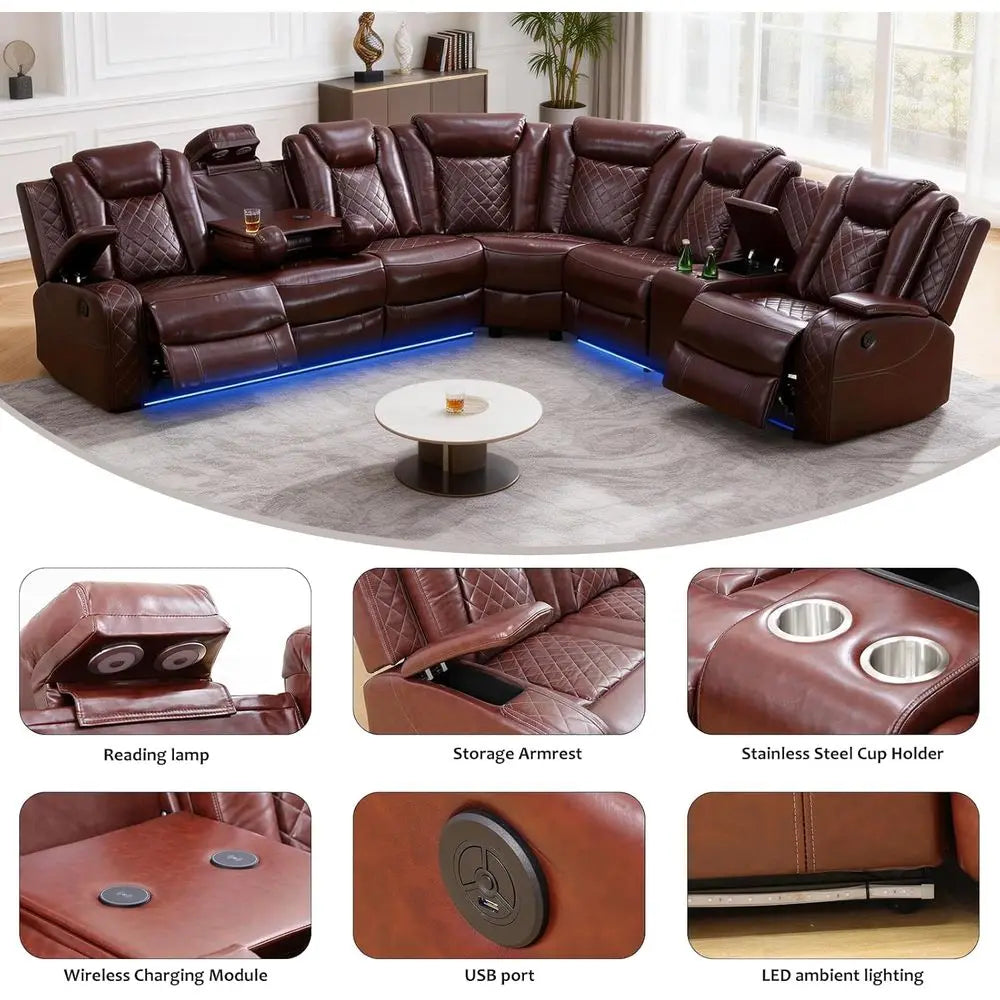 Power Reclining Sectional Soa, Leather Reclining Couch, ern Living Room urniture Set with LED Lights, Cup Holders & Storage ole,