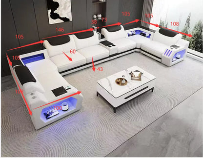 Modern Genuine Leather Massage Sectional Sofa Bed with Adjustable Headrests & LED Lights, Recliner Couch Set with Storage & USB