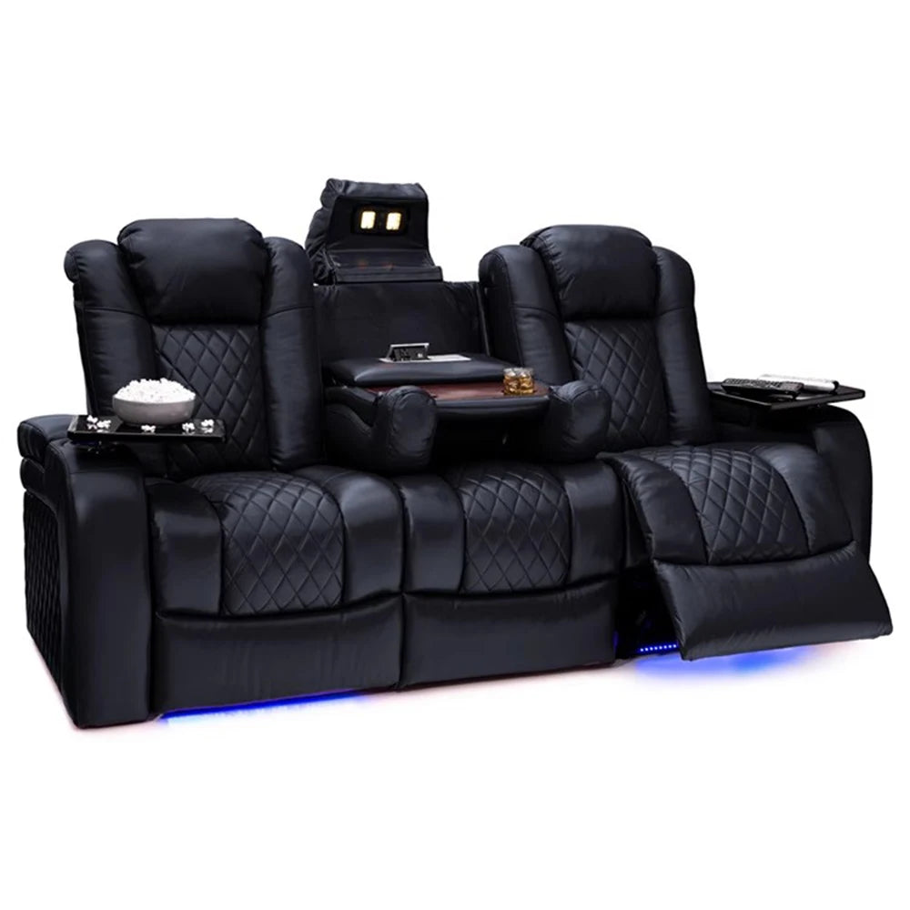 Luxury Dual Motors Power Reclining Sofa with LED Lighting, USB, Hidden Storage, Fold-Down Table & Tray – 3-Seat Recliner Sofa