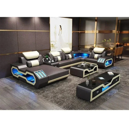 European Design Style LED Electric Sectional Sofa Set Top Microfiber Leather Home Furniture For Luxury Villa Living